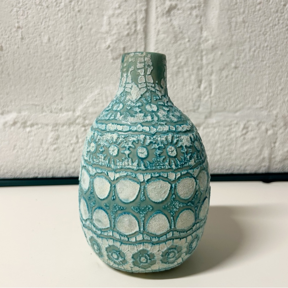 Vintage Inspired Turquoise Textured Vase, Thailand, Contemporary 7" Tall